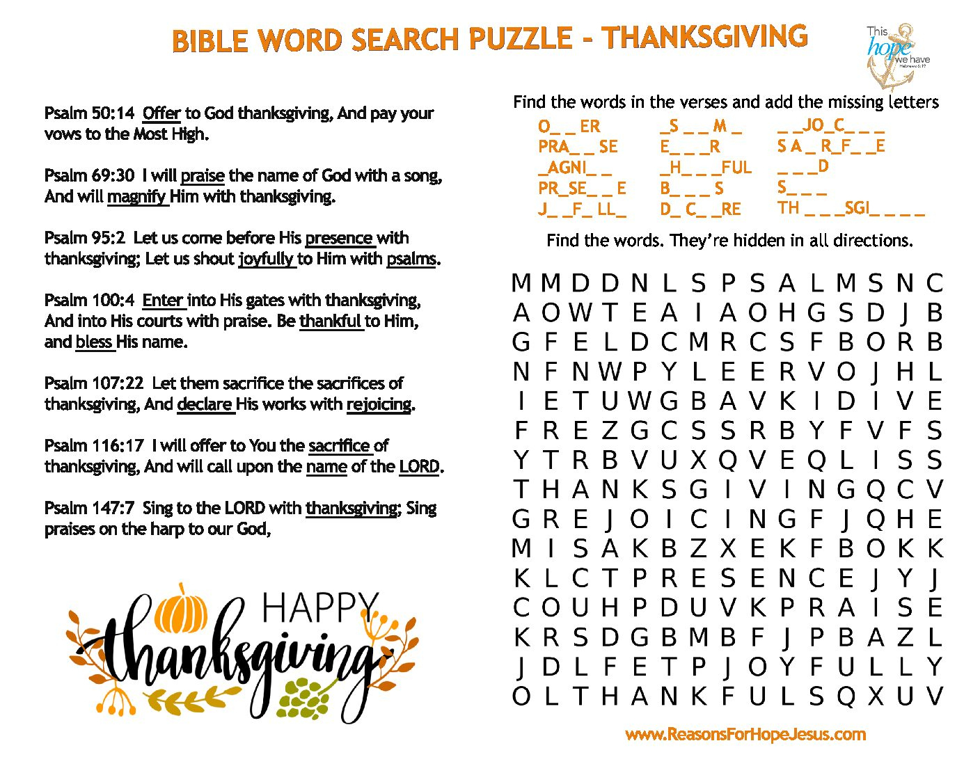 Thanksgiving Word Search Puzzle » Reasons For Hope* Jesus for Christian Thanksgiving Puzzles