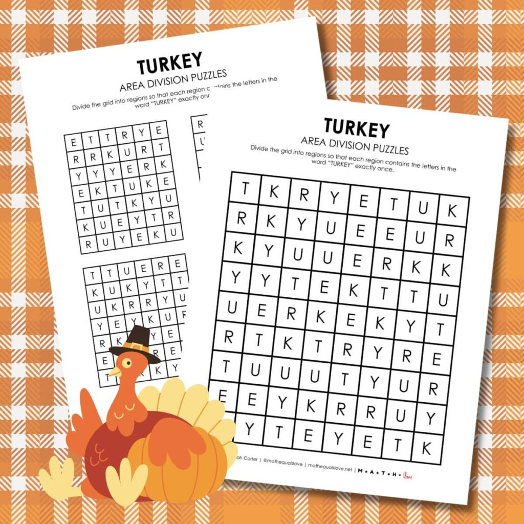 Turkey Area Division Logic Puzzles | Math = Love pertaining to Thanksgiving Logic Puzzle