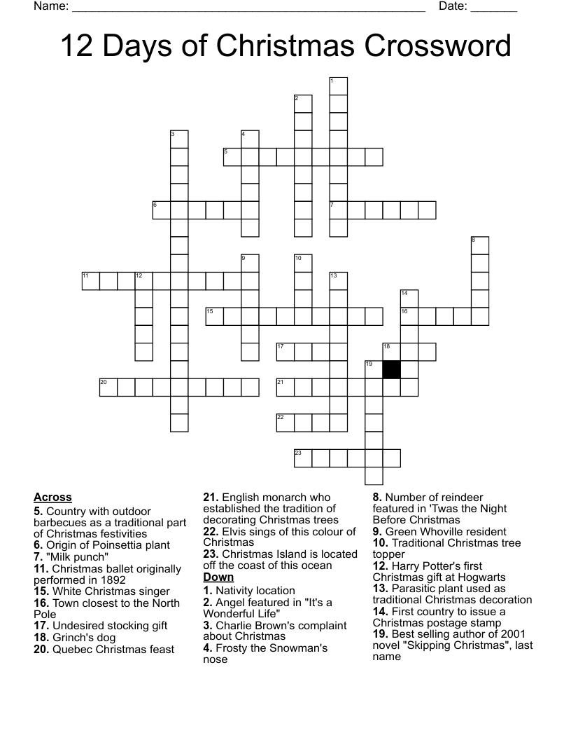 12 Days Of Christmas Crossword - Wordmint intended for Tree In 12 Days Of Christmas Crossword