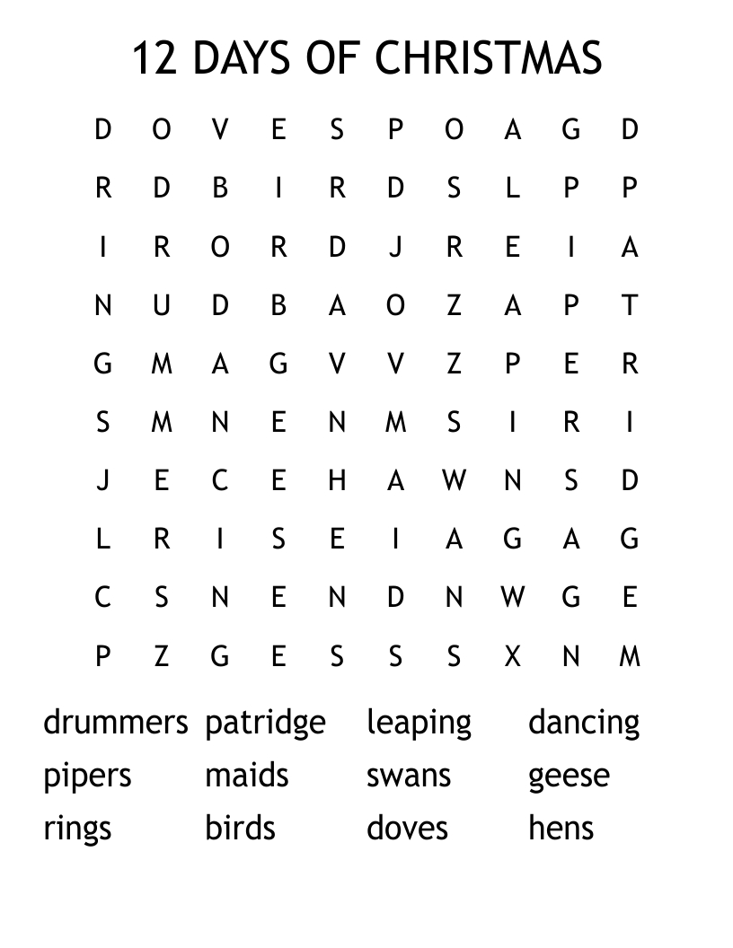 12 Days Of Christmas Word Search - Wordmint intended for Twelve Days Of Christmas Crossword Puzzle