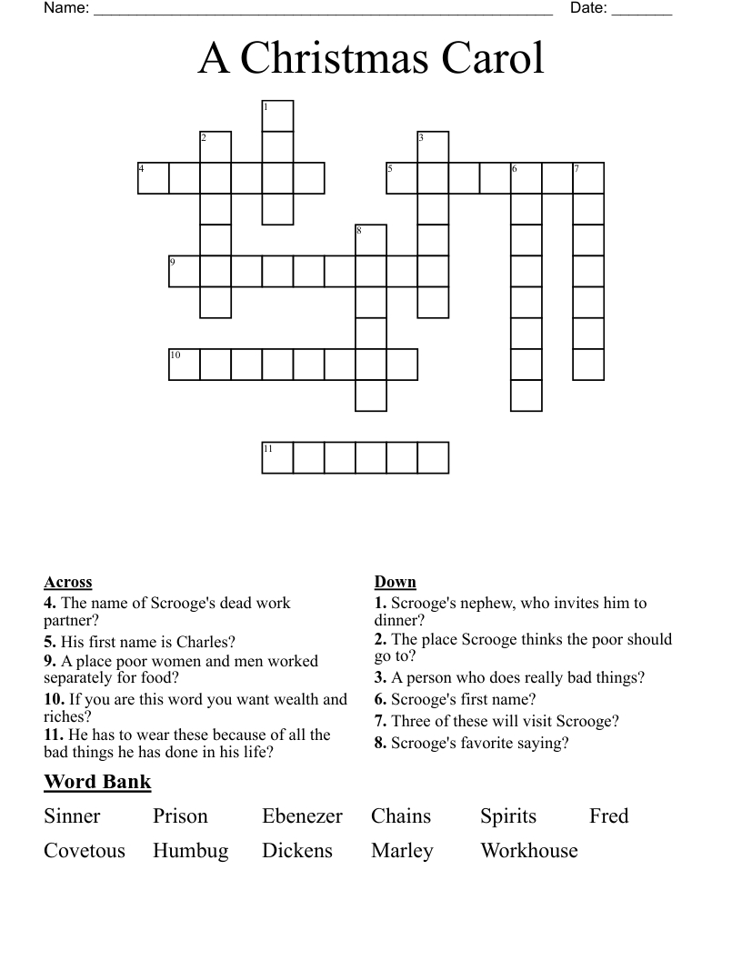A Christmas Carol Crossword - Wordmint regarding Christmas Eve Visitor Crossword Clue