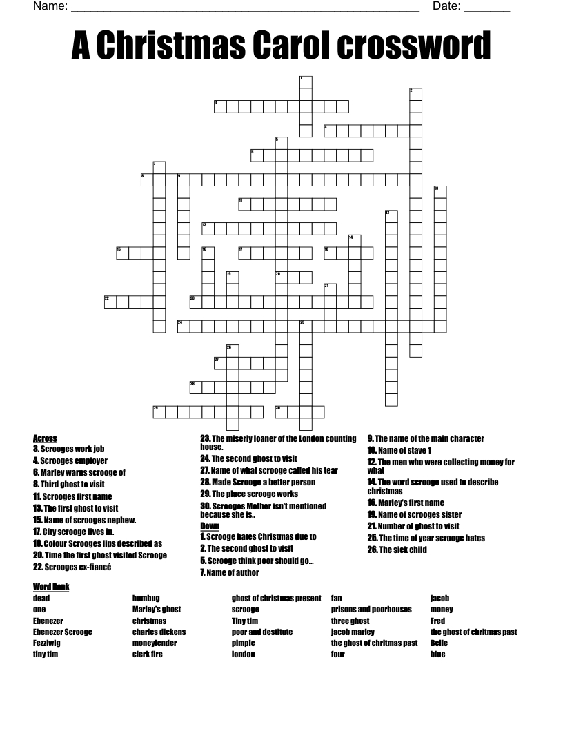 A Christmas Carol Crossword - Wordmint with regard to Start of a Christmas Carol Crossword