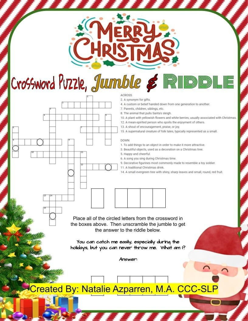 Christmas Crossword Puzzle, Jumble, And Riddle Jokes Activity within Spot For Christmas Decorations Crossword