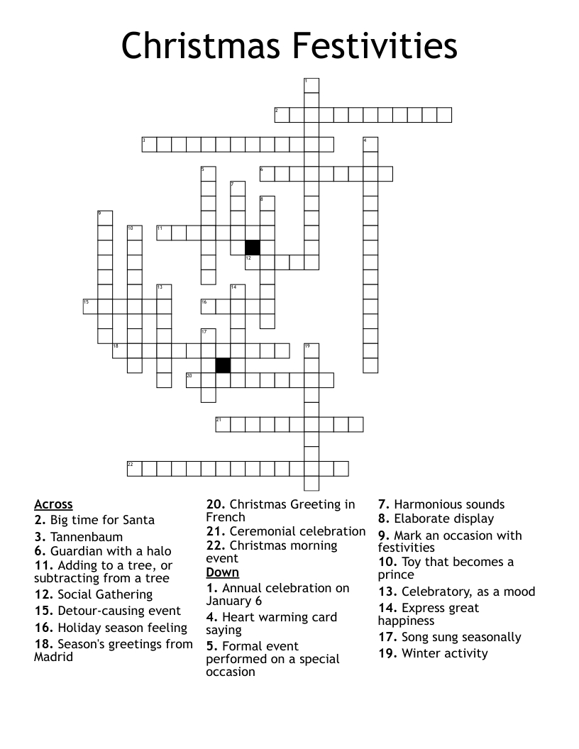 Christmas Festivities Crossword - Wordmint throughout After Christmas Event Crossword