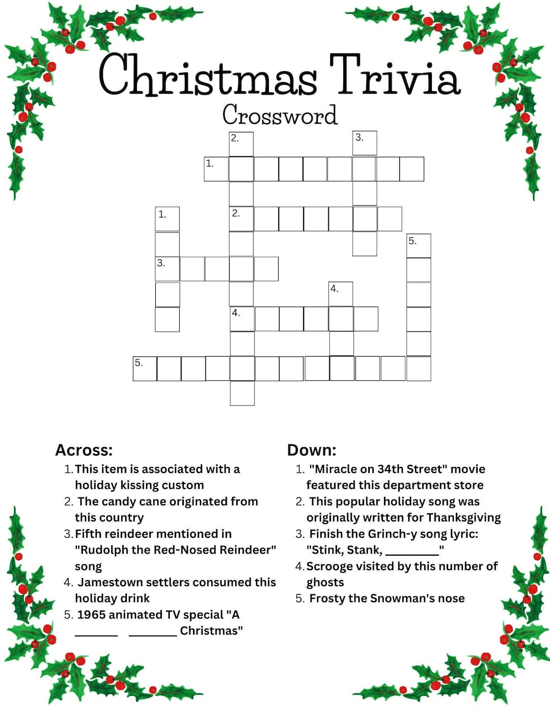 Christmas Trivia Crossword - Etsy Canada for Christmas Trivia Crossword Puzzle