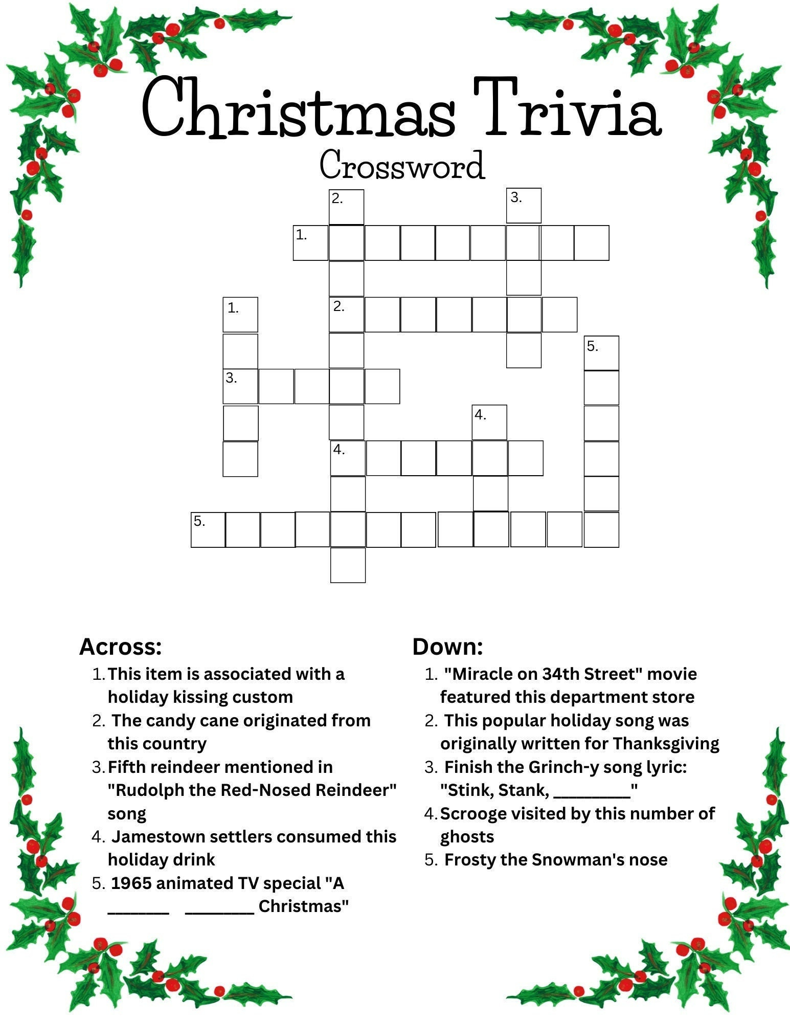 Christmas Trivia Crossword - Etsy Canada within Christmas Trivia Crossword Puzzle