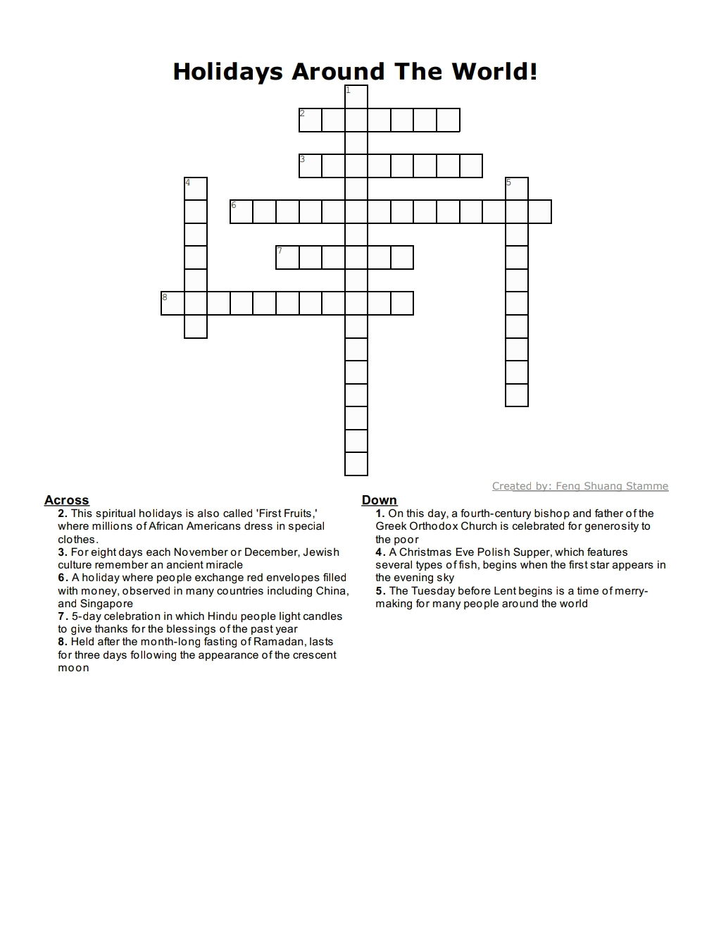 F1 Internantional Students Present Holidays Around The World in Christmas Around The World Crossword
