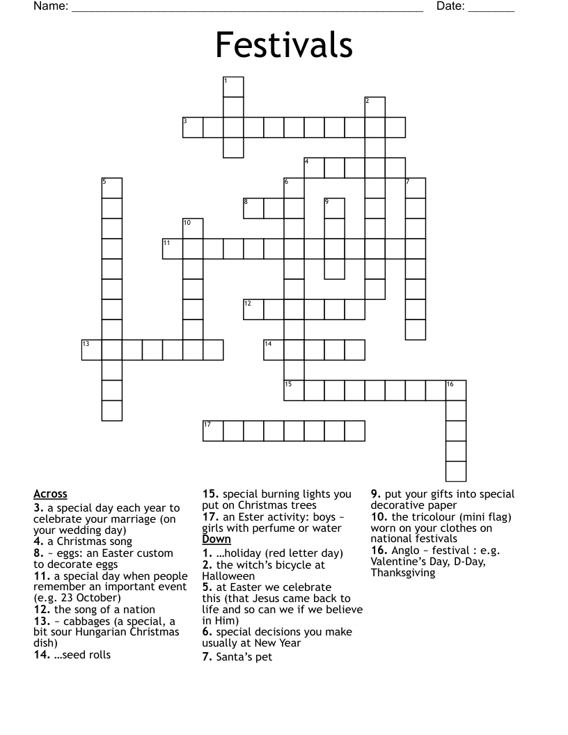 Festivals Crossword - Wordmint pertaining to After Christmas Event Crossword