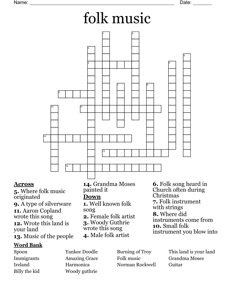 Folk Music Crossword - Wordmint in Christmas Song Line From An Artist Crossword