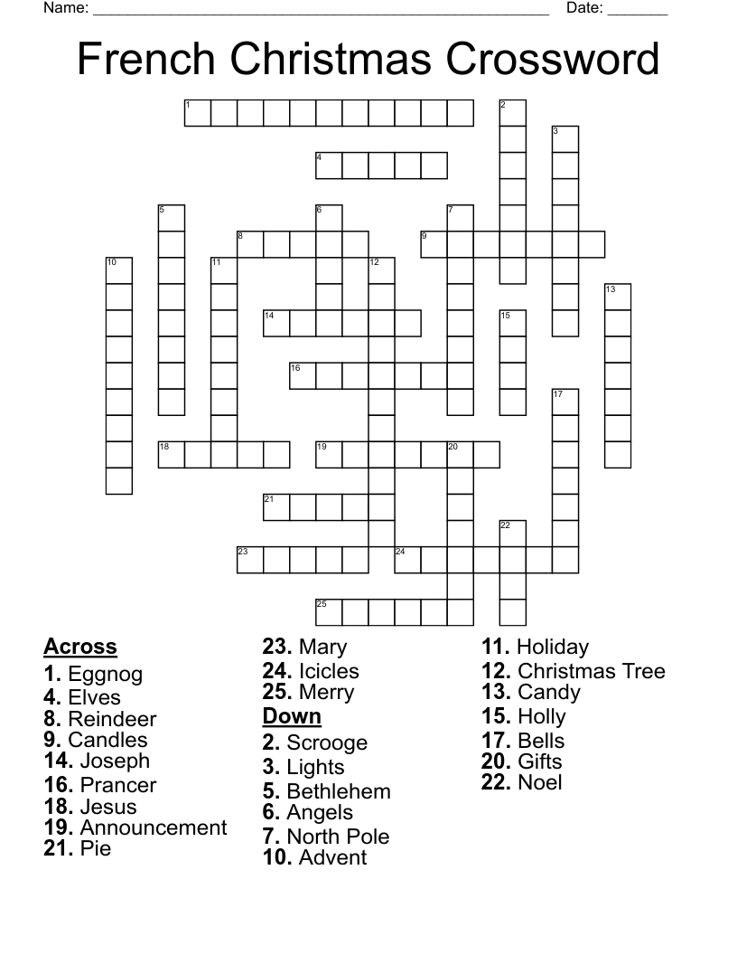 French Christmas Crossword - Wordmint intended for Christmas In French Crossword Clue