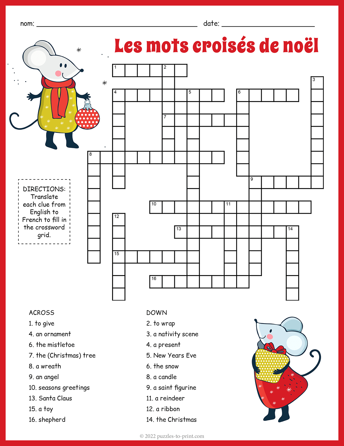 French Christmas Vocabulary Crossword inside French For Christmas Crossword