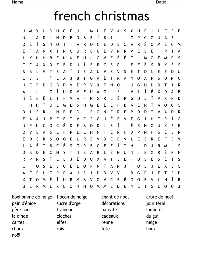 French Christmas Word Search - Wordmint with regard to Christmas in France Crossword