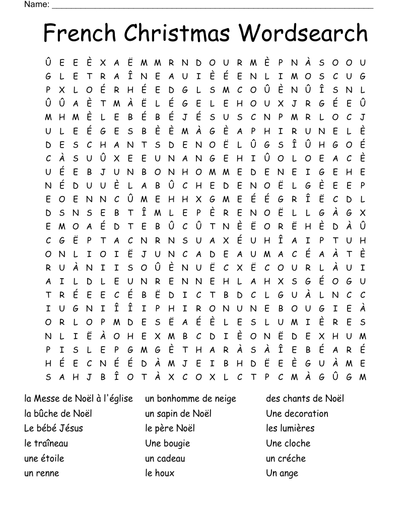 French Christmas Wordsearch - Wordmint inside Christmas In French Crossword Clue