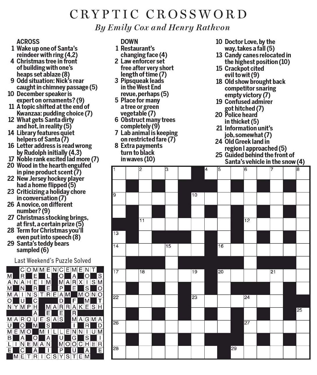 National Post Cryptic Crossword Forum: Saturday, December 23, 2017 in Christmas Contraction Crossword Clue
