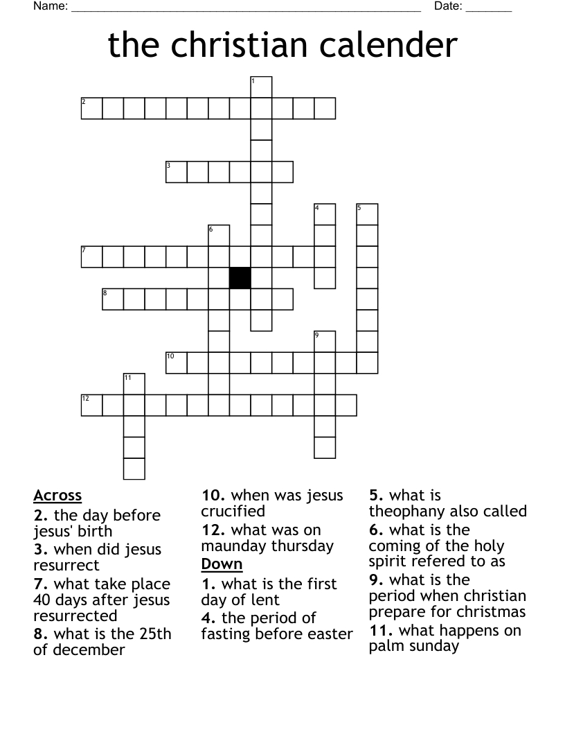 The Christian Calender Crossword - Wordmint throughout Period Leading Up to Christmas Crossword Clue