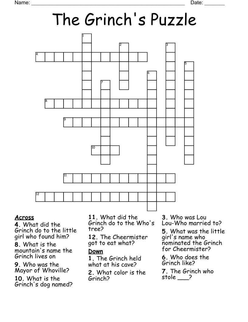 The Grinch&amp;#039;S Puzzle Crossword - Wordmint intended for How The Grinch Stole Christmas Crossword Puzzle Answer Key