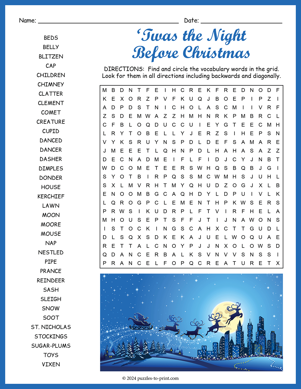 Twas The Night Before Christmas Word Search for Twas the Night Before Christmas Crossword Puzzle